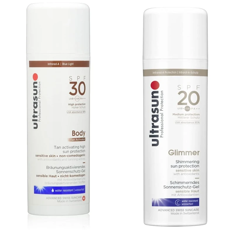 ultrasun SPF30 Tan Activator Body 150ml & SPF20 Glimmer Sensitive Formula All Day Sun Protection Lotion, 150 ml