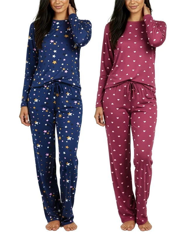 Real Essentials 2 Pack: Women's Pajama Set - Choose from Short Sleeve with Pocket or Long Sleeve without Pocket, Set L Burgundy & Blue, S