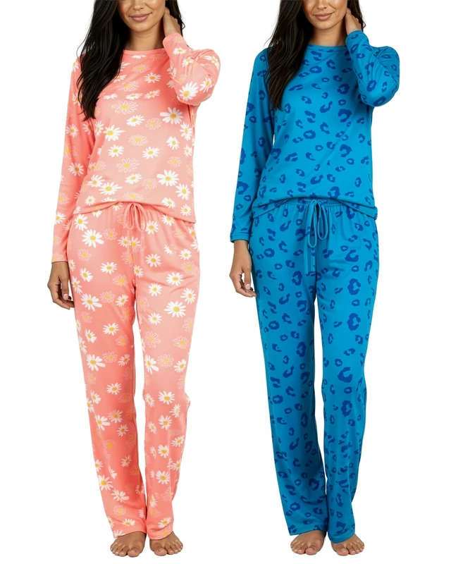 Real Essentials Women's Super Soft Short and Long Sleeve Pyjamas with Pants (Pack of 2, Available in Plus Sizes, Long Sleeve Set K, M)