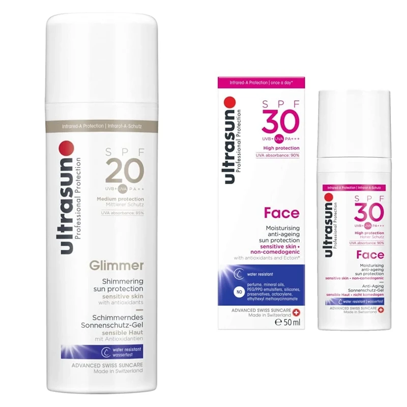 ultrasun SPF20 Glimmer Sensitive Formula All Day Sun Protection Lotion, 150 ml & Face Anti-Ageing Sun Protection SPF30, 50 ml