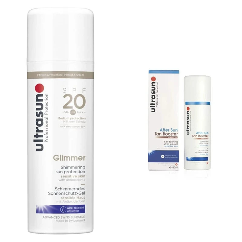 ultrasun SPF20 Glimmer Sensitive Formula All Day Sun Protection Lotion, 150 ml &, After Sun Tan Booster 150ml, clear/tint