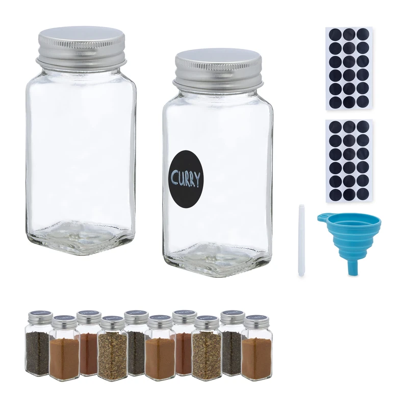 Relaxdays Spice Jars, Set of 12, Sprinkling Insert, Glass Herb Containers, 120 ml, Labels, Pen & Funnel, Transparent, 11 x 4.5 x 4.5 cm