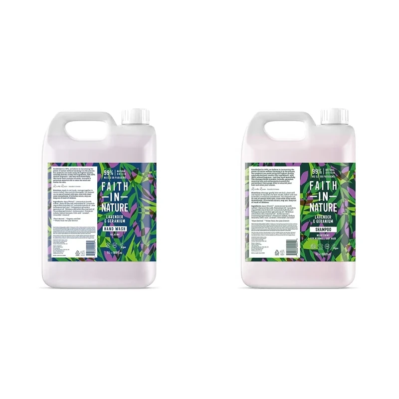 Faith In Nature Natural Lavender and Geranium Hand Wash, Nourishing, 5 L Refill Pack & Natural Lavender and Geranium Shampoo, 5 L Refill Pack
