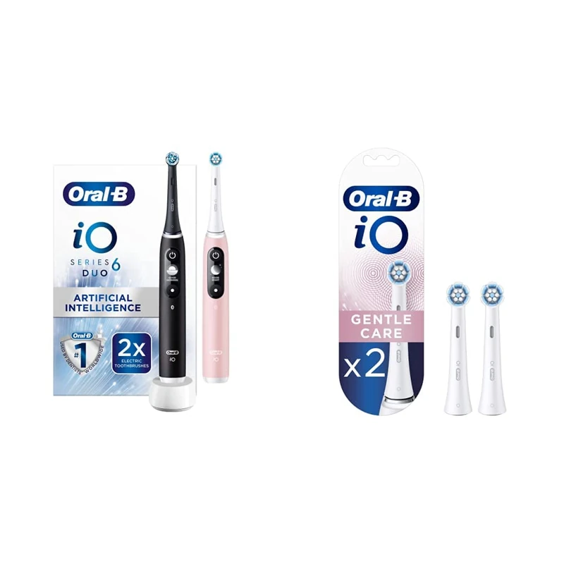 Oral-B iO6 Black Lava & Pink Sand Electric Toothbrush Duo Pack and iO Gentle Care Electric Toothbrush Head, Twisted & Angled Bristles for Deeper Plaque Removal, Pack of 2, White