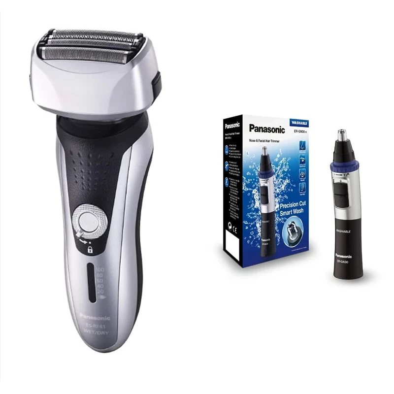 Panasonic Premium ES-RF31 Wet and Dry 4-Blade Electric Shaver for Men with Flexible Pivoting Head, Silver & ER-GN30 Wet and Dry Electric Nose, Ear and Facial Hair Trimmer for Men