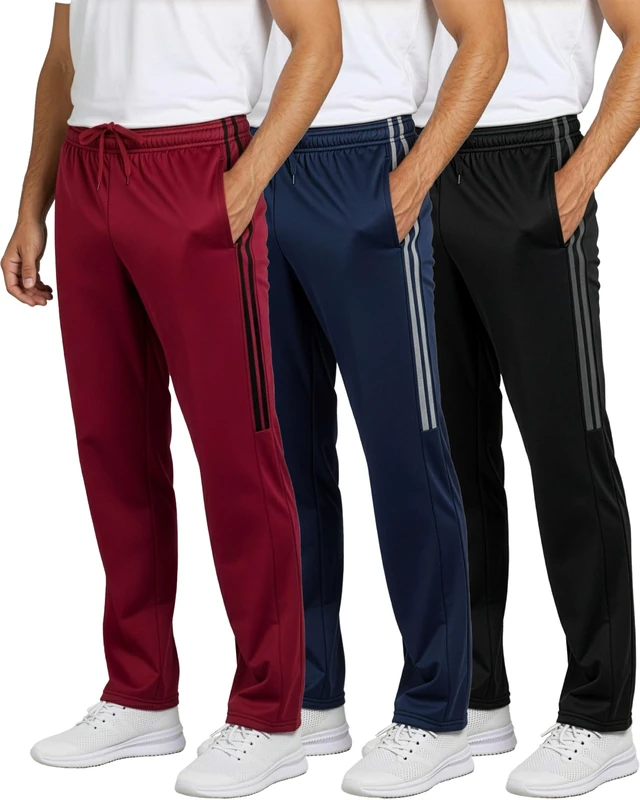Real Essentials 3 Pack: Men's Active Athletic Casual Tricot Open Bottom Sweatpants with Pockets, Set 6, Large