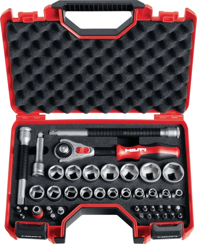 HILTI 40-Piece Socket Wrench Set S-SWS 3/8" Including Sockets, 5-in-1 Ratchet, Driver bits and Extensions to securely Fasten Screws, Bolts, Nuts and Anchors (2045971)