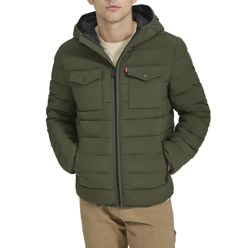 Levi's Men's Water Resistant Performance Stretch Hooded Puffer Jacket, Olive, M