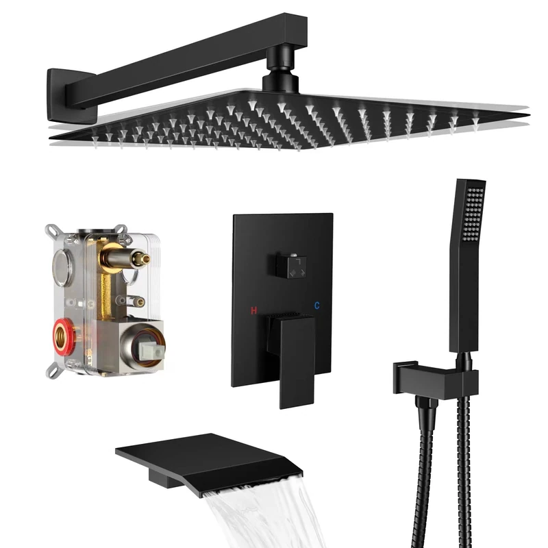 Shower System Rain Shower Faucet Set with Tub Spout, Bathroom Fixtures, 10 inch Bathroom Wall Mounted Waterfall Bathtub Faucet with Handheld Spray and Rough-in Valve Body and Trim kit, Matte Black