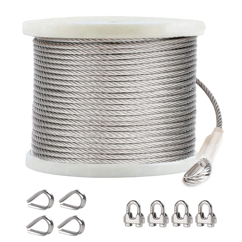 hannger 6mm Wire Rope Kit, 61M 304 Stainless Steel Cable with Clamp and Thimbles-7X 19 Strands 5800lbs Breaking Strength, Garden Wire for Climbing Plants, ZipLine, Hanging Wire, Fence Wire