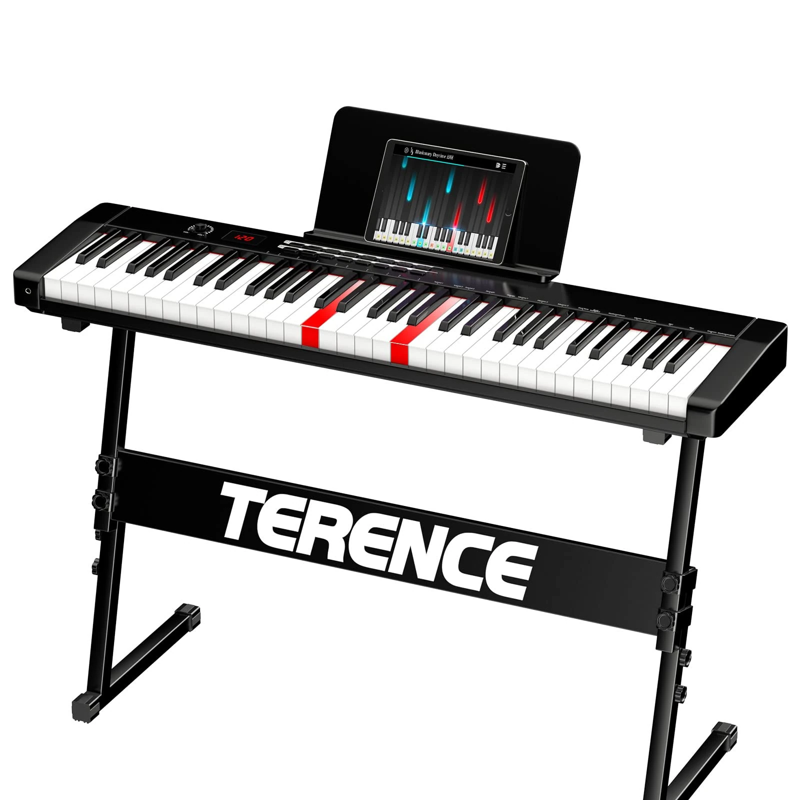 TERENCE Piano Keyboard 61 Keys with Stand Digital Piano 1750mAh Battery Semi Weighted Keyboard with Display Function keys Bluetooth MIDI Port Sheet Music Stand Sticker Bag Audio Cable Earphones