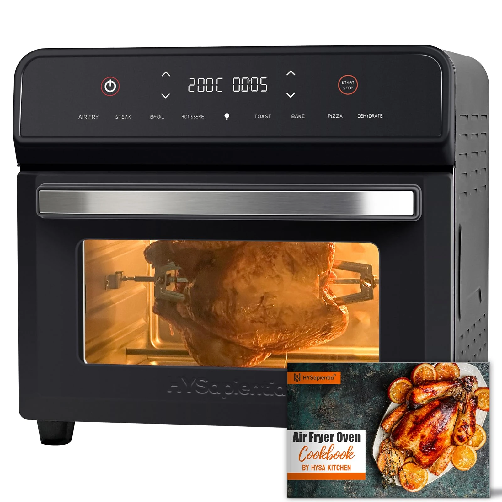 HYSapientia Air Fryer Oven 24L with Rotisserie,Mini Oven Countertop Convection Large Capacity 8 in 1 Digital Screen 1800W electric and grill, Oil Free Cooking,Stainless steel inner,360° Even Heating