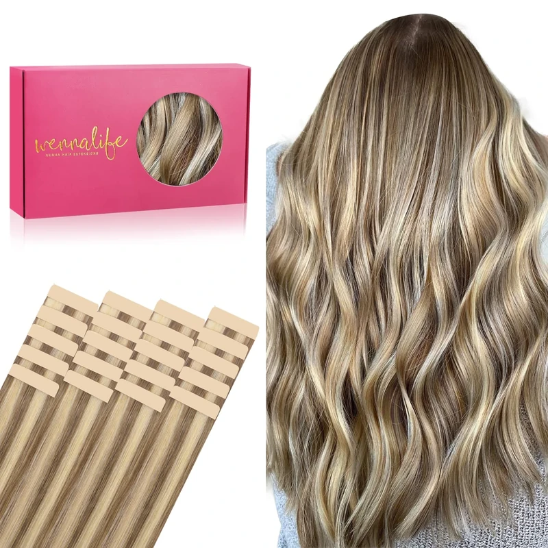 WENNALIFE Tape in Hair Extensions 20pcs 50g 18 inch Ash Brown Highlighted Golden Blonde Remy Hair Extensions Skin Weft Tape