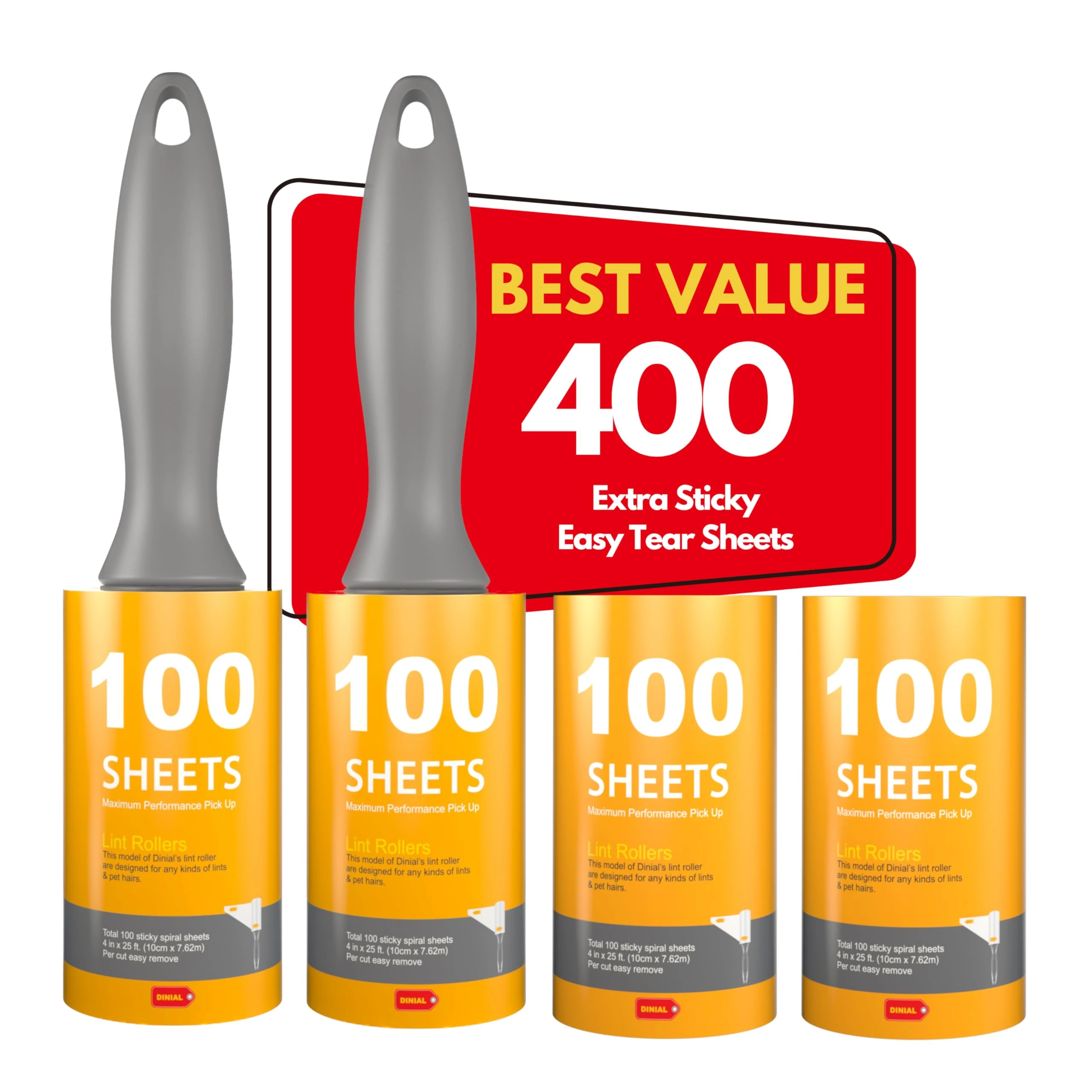 Dinial 2 Lint Roller Remover Handles + 2 Refills (400 SHEETS IN TOTAL) For Removes Pet Fur, Dust, Dirt from Clothes, Furniture, Carpet, Cars, Floor & Dog, Cat Hair.