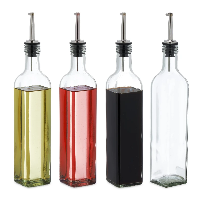 Relaxdays Oil and Vinegar Dispenser Set, 4 Glass Bottles, 500 ml, Pourer, Vinaigrette & Dressing, Transparent