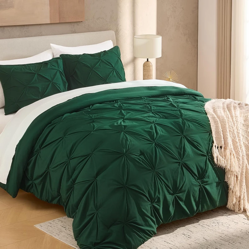 Andency Full Pinch Pleat Dark Green Comforter Set 3 Piece Bedding