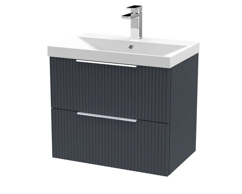 Hudson Reed DFF1493D Fluted Modern Bathroom Wall Hung 2 Drawer Vanity Basin Unit with Thin-Edge Ceramic Basin, 600mm, Soft Black