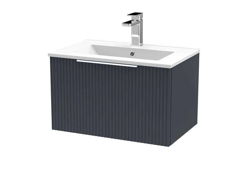 Hudson Reed DFF1494B Fluted Modern Bathroom Wall Hung 1 Drawer Vanity Basin Unit with Minimalist Ceramic Basin, 600mm, Soft Black