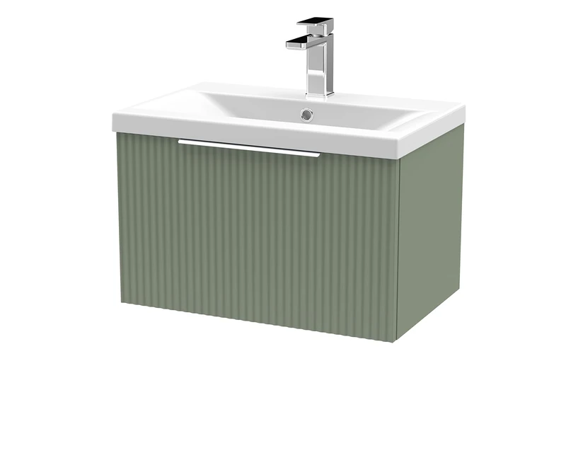Hudson Reed DFF894A Fluted Modern Bathroom Wall Hung 1 Drawer Vanity Basin Unit with Mid-Edge Ceramic Basin, 600mm, Satin Green