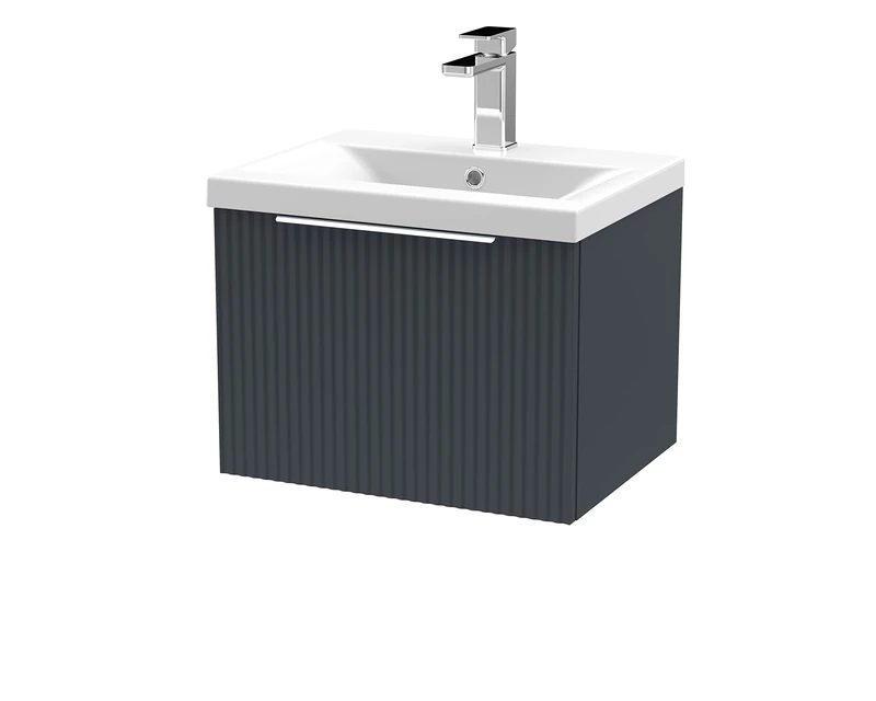 Hudson Reed DFF1491A Fluted Modern Bathroom Wall Hung 1 Drawer Vanity Basin Unit with Mid-Edge Ceramic Basin, 500mm, Soft Black