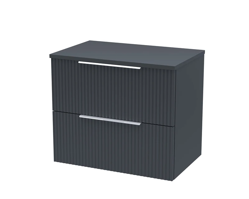 Hudson Reed DFF1493W Fluted Modern Bathroom Wall Hung 2 Drawer Vanity Unit with Colour Match Worktop, 600mm, Soft Black