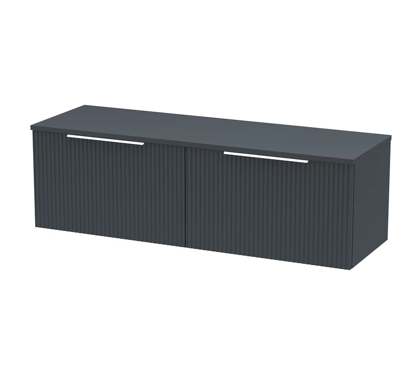 Hudson Reed DFF1494W2 Fluted Modern Bathroom Wall Hung 2 Drawer Double Vanity Unit with Colour Matched Worktop, 1200mm, Soft Black
