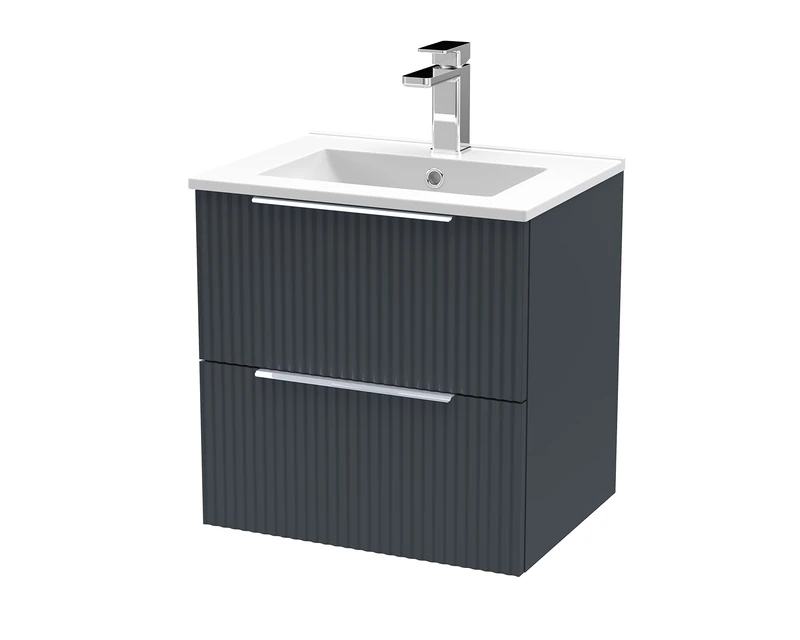 Hudson Reed DFF1492B Fluted Modern Bathroom Wall Hung 2 Drawer Vanity Basin Unit with Minimalist Ceramic Basin, 500mm, Soft Black