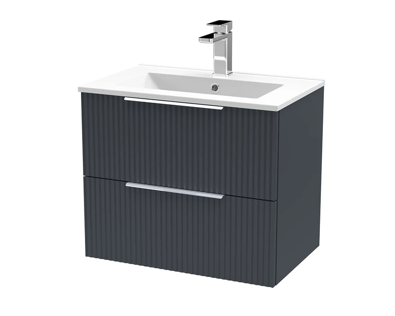 Hudson Reed DFF1493B Fluted Modern Bathroom Wall Hung 2 Drawer Vanity Basin Unit with Minimalist Ceramic Basin, 600mm, Soft Black