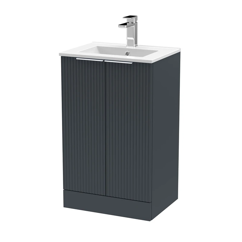 Hudson Reed DFF1423B Fluted Modern Bathroom Floor Standing 2 Door Vanity Basin Unit with Minimalist Ceramic Basin, 500mm, Soft Black