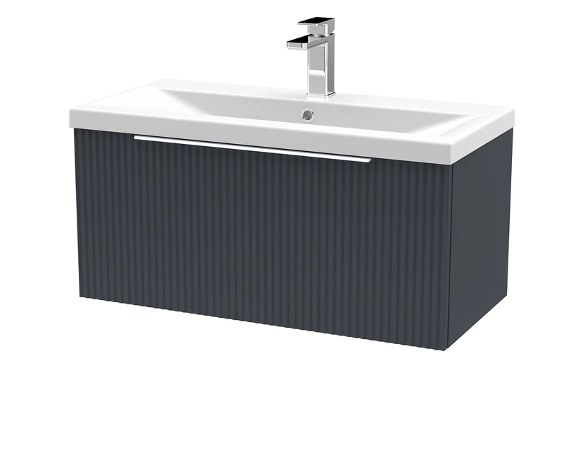 Hudson Reed DFF1496A Fluted Modern Bathroom Wall Hung 1 Drawer Vanity Basin Unit with Mid-Edge Ceramic Basin, 800mm, Soft Black