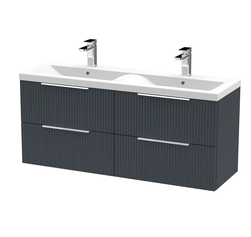 Hudson Reed DFF1493F Fluted Modern Bathroom Wall Hung 4 Drawer Double Vanity Basin Unit with Twin Ceramic Basin, 1200mm, Soft Black