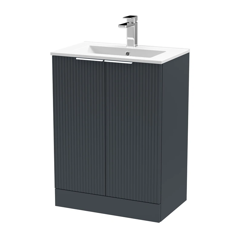 Hudson Reed DFF1425B Fluted Modern Bathroom Floor Standing 2 Door Vanity Basin Unit with Minimalist Ceramic Basin, 600mm, Soft Black