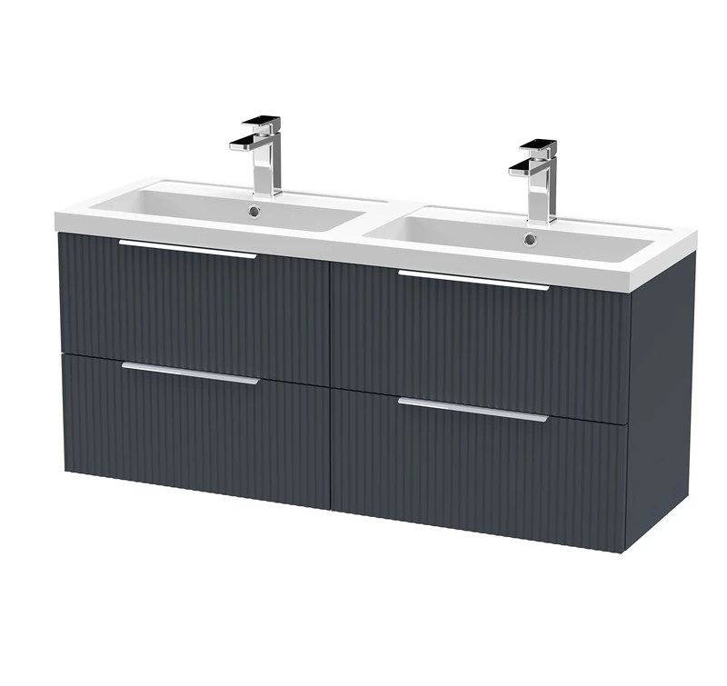 Hudson Reed DFF1493C Fluted Modern Bathroom Wall Hung 4 Drawer Double Vanity Basin Unit with Twin Polymarble Basin, 1200mm, Soft Black