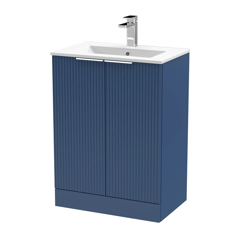 Hudson Reed DFF325D Fluted Modern Bathroom Floor Standing 2 Door Vanity Basin Unit with Thin-Edge Ceramic Basin, 600mm, Satin Blue