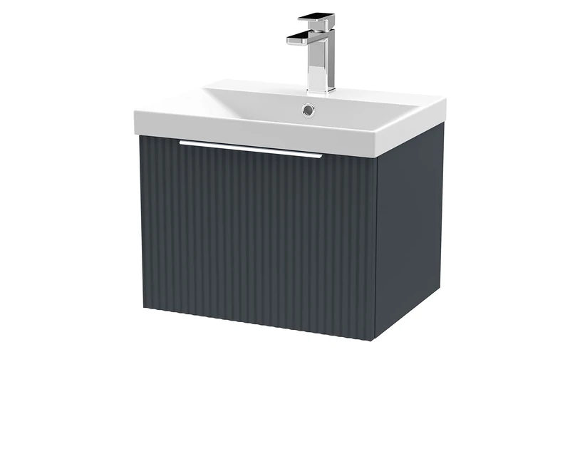 Hudson Reed DFF1491D Fluted Modern Bathroom Wall Hung 1 Drawer Vanity Basin Unit with Thin-Edge Ceramic Basin, 500mm, Soft Black