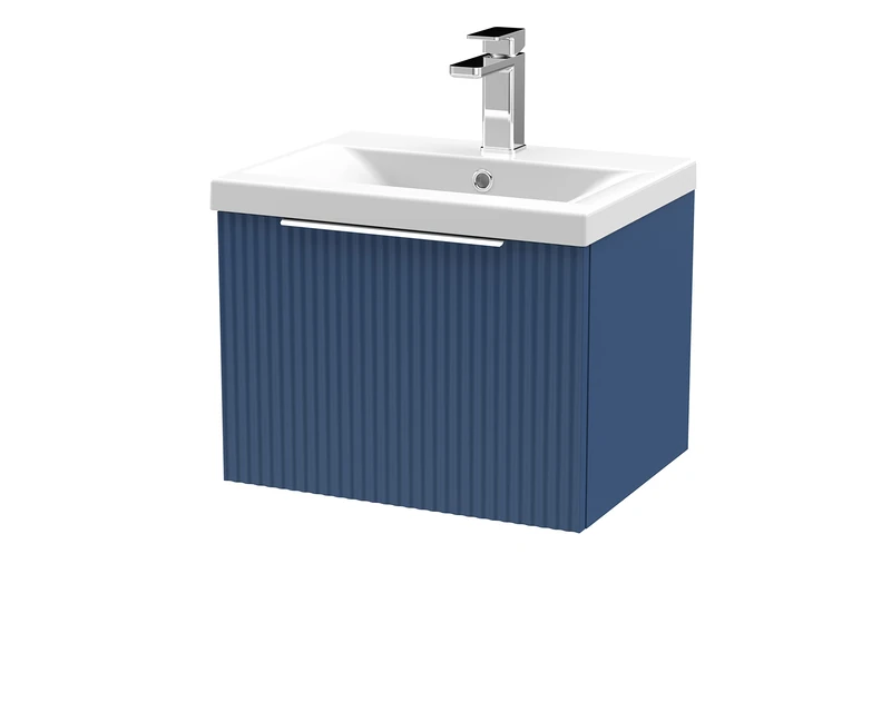 Hudson Reed DFF391A Fluted Modern Bathroom Wall Hung 1 Drawer Vanity Basin Unit with Mid-Edge Ceramic Basin, 500mm, Satin Blue
