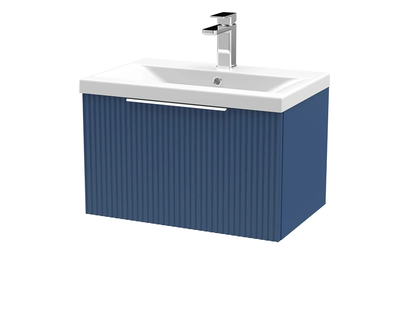 Hudson Reed DFF394A Fluted Modern Bathroom Wall Hung 1 Drawer Vanity Basin Unit with Mid-Edge Ceramic Basin, 600mm, Satin Blue