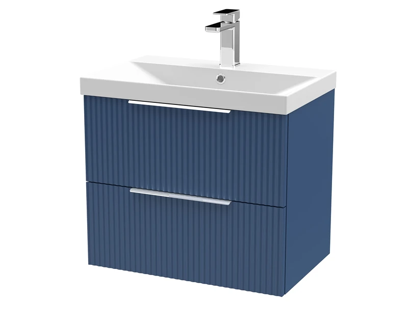 Hudson Reed DFF393D Fluted Modern Bathroom Wall Hung 2 Drawer Vanity Basin Unit with Thin-Edge Ceramic Basin, 600mm, Satin Blue