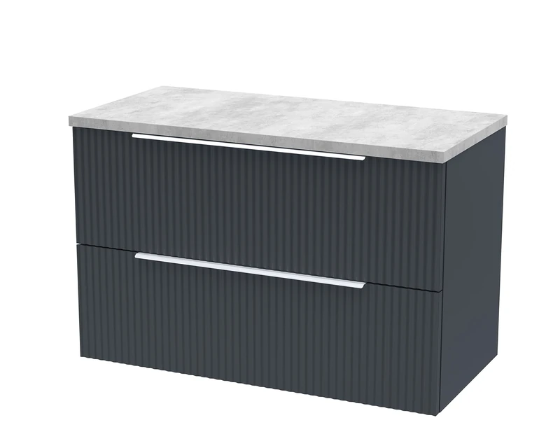 Hudson Reed DFF1495LBG Fluted Modern Bathroom Wall Hung 2 Drawer Vanity Unit with Bellato Grey Laminate Worktop, 800mm, Soft Black