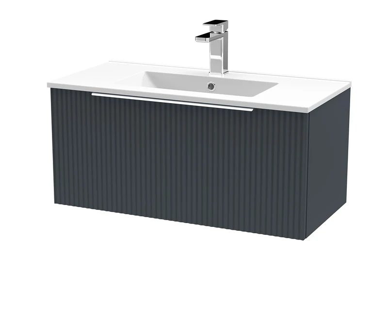 Hudson Reed DFF1496B Fluted Modern Bathroom Wall Hung 1 Drawer Vanity Basin Unit with Minimalist Ceramic Basin, 800mm, Soft Black