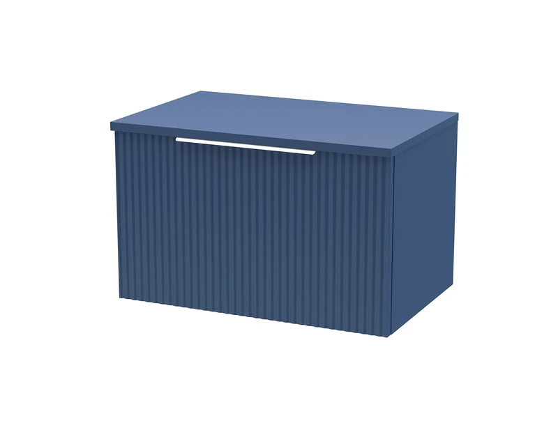 Hudson Reed DFF394W Fluted Modern Bathroom Wall Hung 1 Drawer Vanity Unit with Colour Match Worktop, 600mm, Satin Blue
