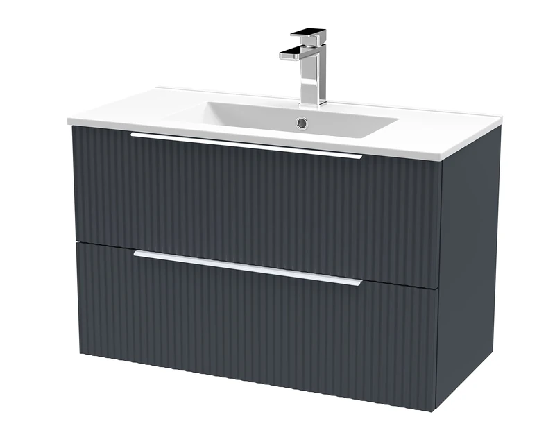 Hudson Reed DFF1495B Fluted Modern Bathroom Wall Hung 2 Drawer Vanity Basin Unit with Minimalist Ceramic Basin, 800mm, Soft Black