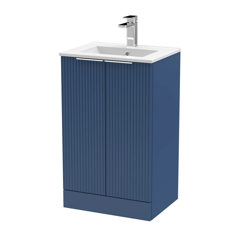 Hudson Reed DFF323B Fluted Modern Bathroom Floor Standing 2 Door Vanity Basin Unit with Minimalist Ceramic Basin, 500mm, Satin Blue