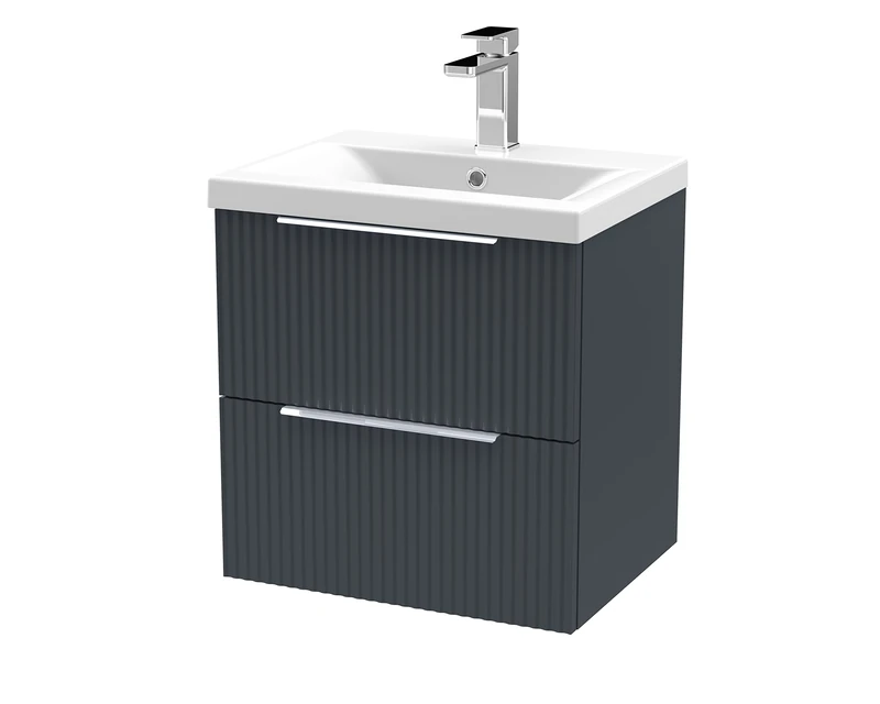 Hudson Reed DFF1492A Fluted Modern Bathroom Wall Hung 2 Drawer Vanity Basin Unit with Mid-Edge Ceramic Basin, 500mm, Soft Black