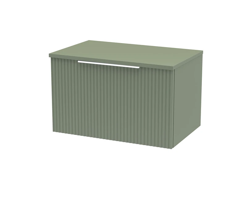 Hudson Reed DFF894W Fluted Modern Bathroom Wall Hung 1 Drawer Vanity Unit with Colour Match Worktop, 600mm, Satin Green