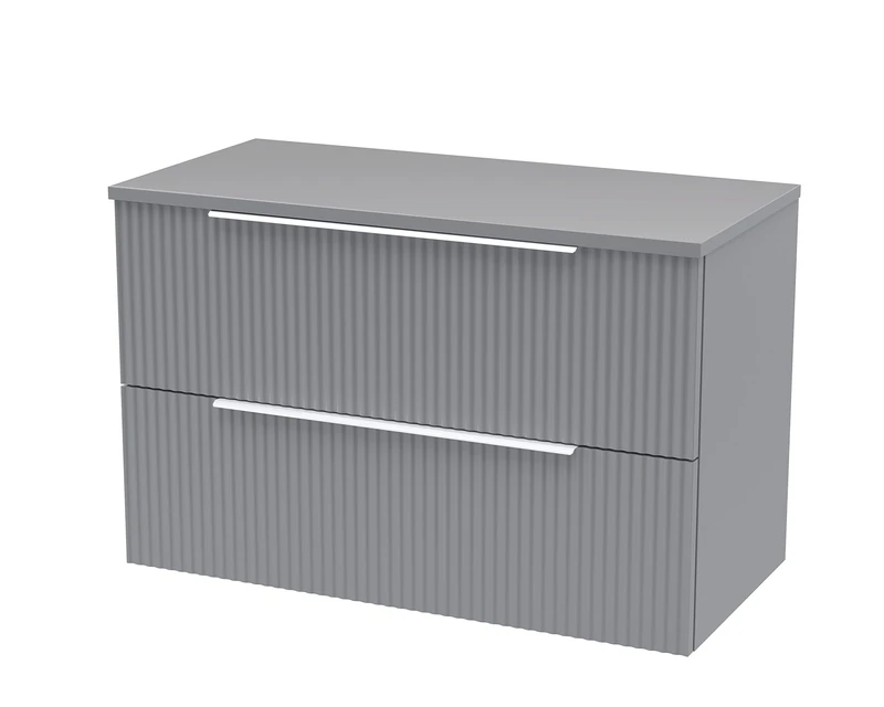 Hudson Reed DFF295W Fluted Modern Bathroom Wall Hung 2 Drawer Vanity Unit with Colour Match Worktop, 800mm, Satin Grey