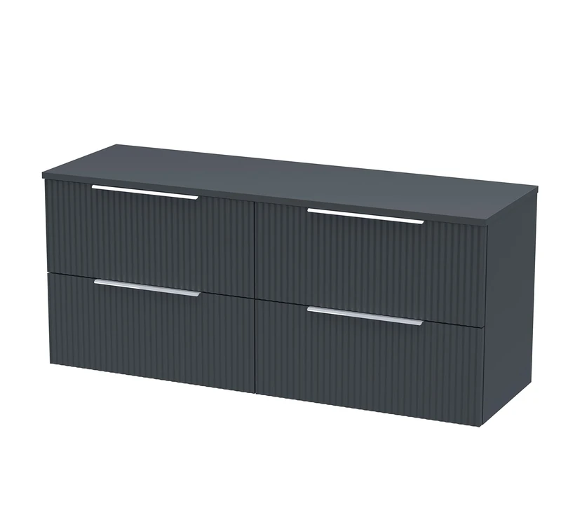 Hudson Reed DFF1493W2 Fluted Modern Bathroom Wall Hung 4 Drawer Double Vanity Unit with Colour Matched Worktop, 1200mm, Soft Black