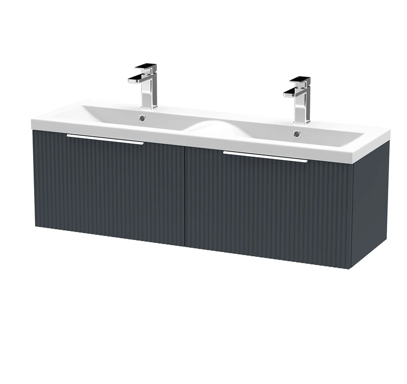 Hudson Reed DFF1494F Fluted Modern Bathroom Wall Hung 2 Drawer Double Vanity Basin Unit with Twin Ceramic Basin, 1200mm, Soft Black