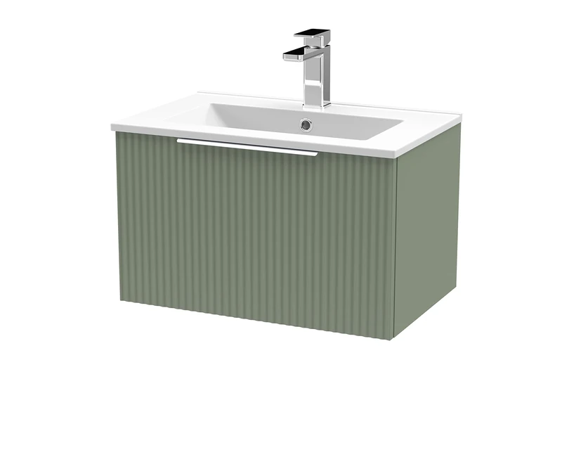 Hudson Reed DFF894B Fluted Modern Bathroom Wall Hung 1 Drawer Vanity Basin Unit with Minimalist Ceramic Basin, 600mm, Satin Green