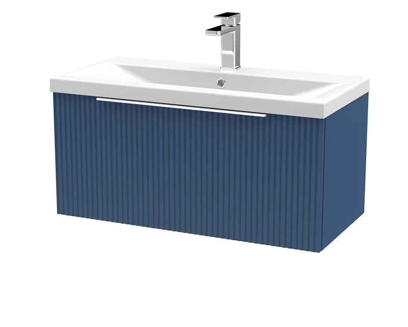 Hudson Reed DFF396A Fluted Modern Bathroom Wall Hung 1 Drawer Vanity Basin Unit with Mid-Edge Ceramic Basin, 800mm, Satin Blue